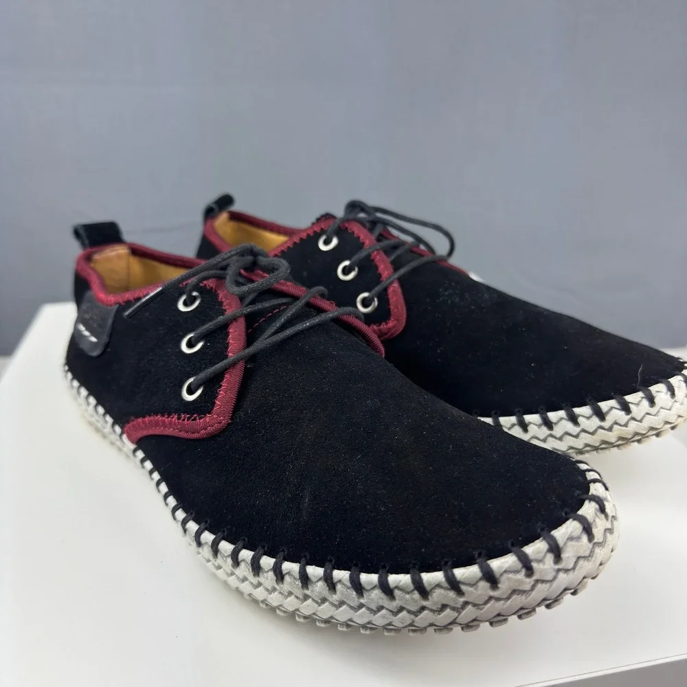 Fashion Casual Shoes Mens 10 Black Suede Burgundy Trim Whipstitch Lace Up Flats